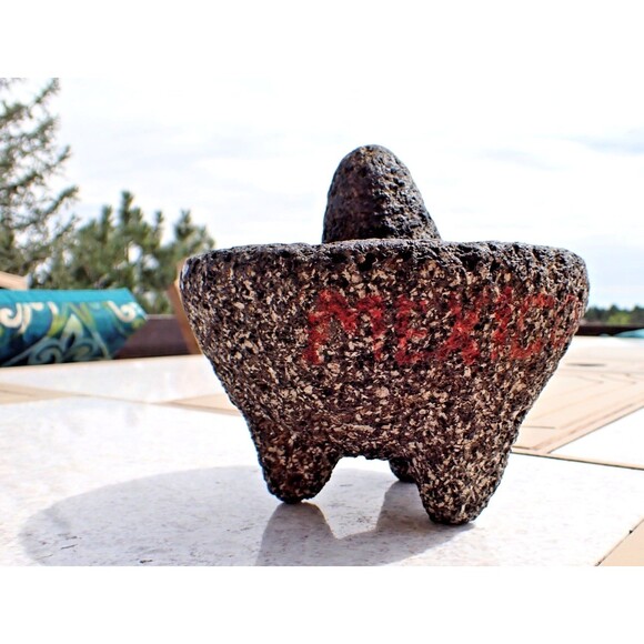 Authentic MOLCAJETE Mexico Basalt Mortar & Pestle 7" dia Volcanic Lava Stone - Picture 3 of 16